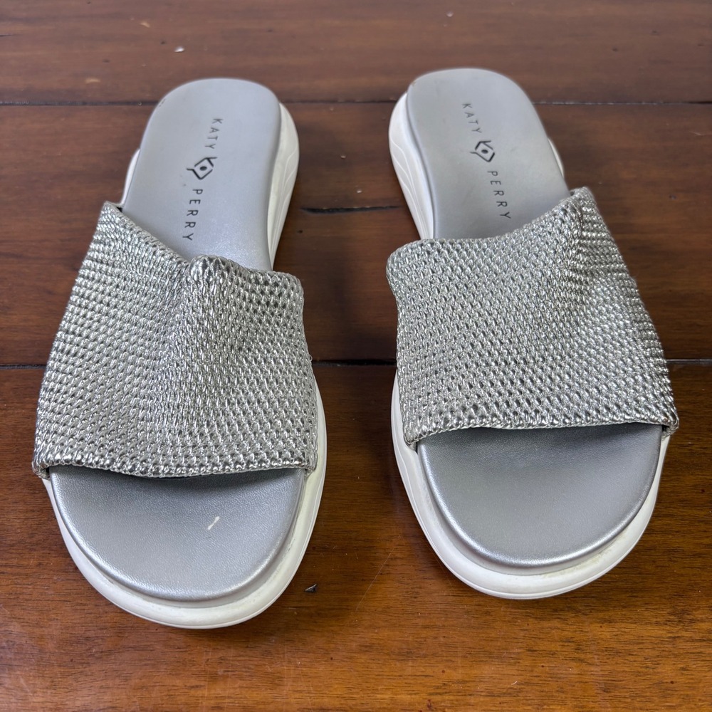 Katy Perry The Pheobe Slide Sandals Womens 11M Silver Metallic Woven Platform